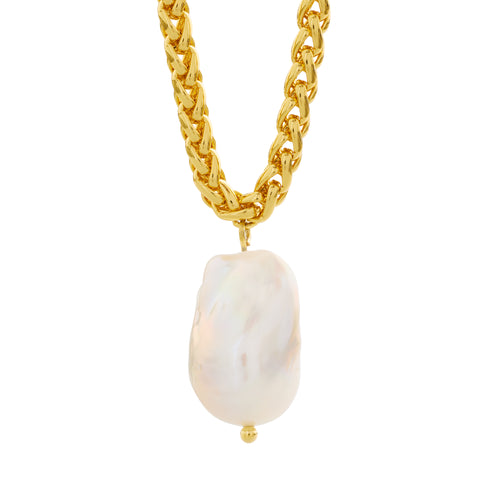PERLA – Freshwater Pearl Pendant Wheat Chain Necklace