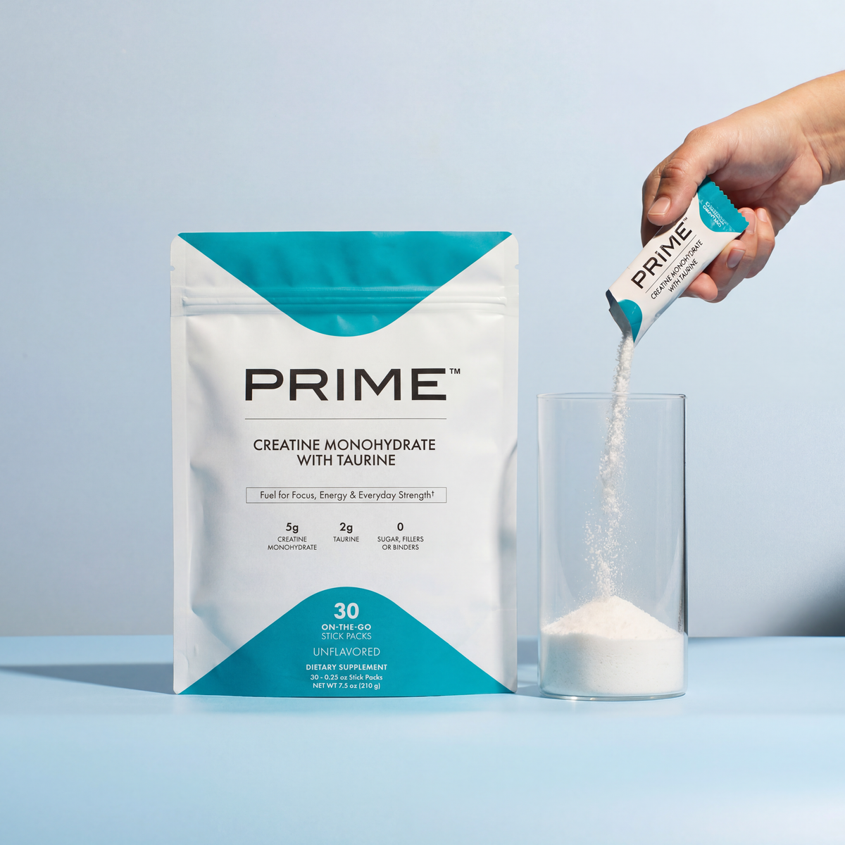 image of someone pouring a stick pack of Prime Creatine Monohydrate into a glass