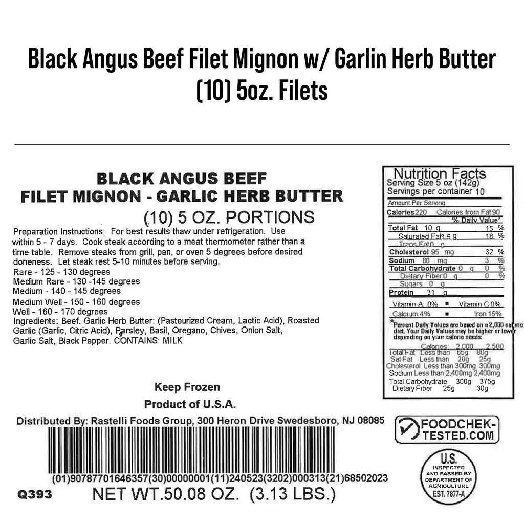 Rastelli's Filet Mignon Steaks with Butter - 5 oz. Portions