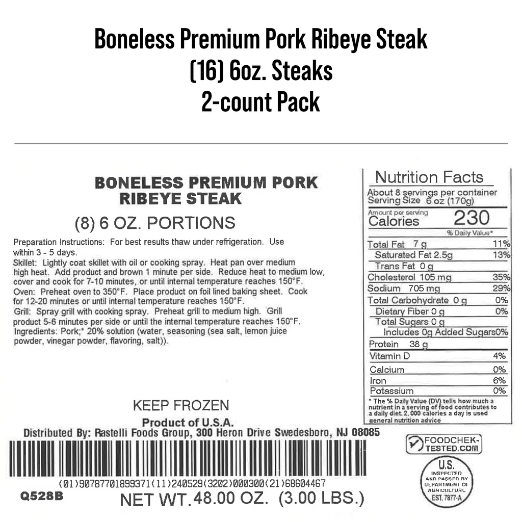Rastelli's Pork Ribeye Steaks (16 -  6 oz. Portions) 6 lbs Total